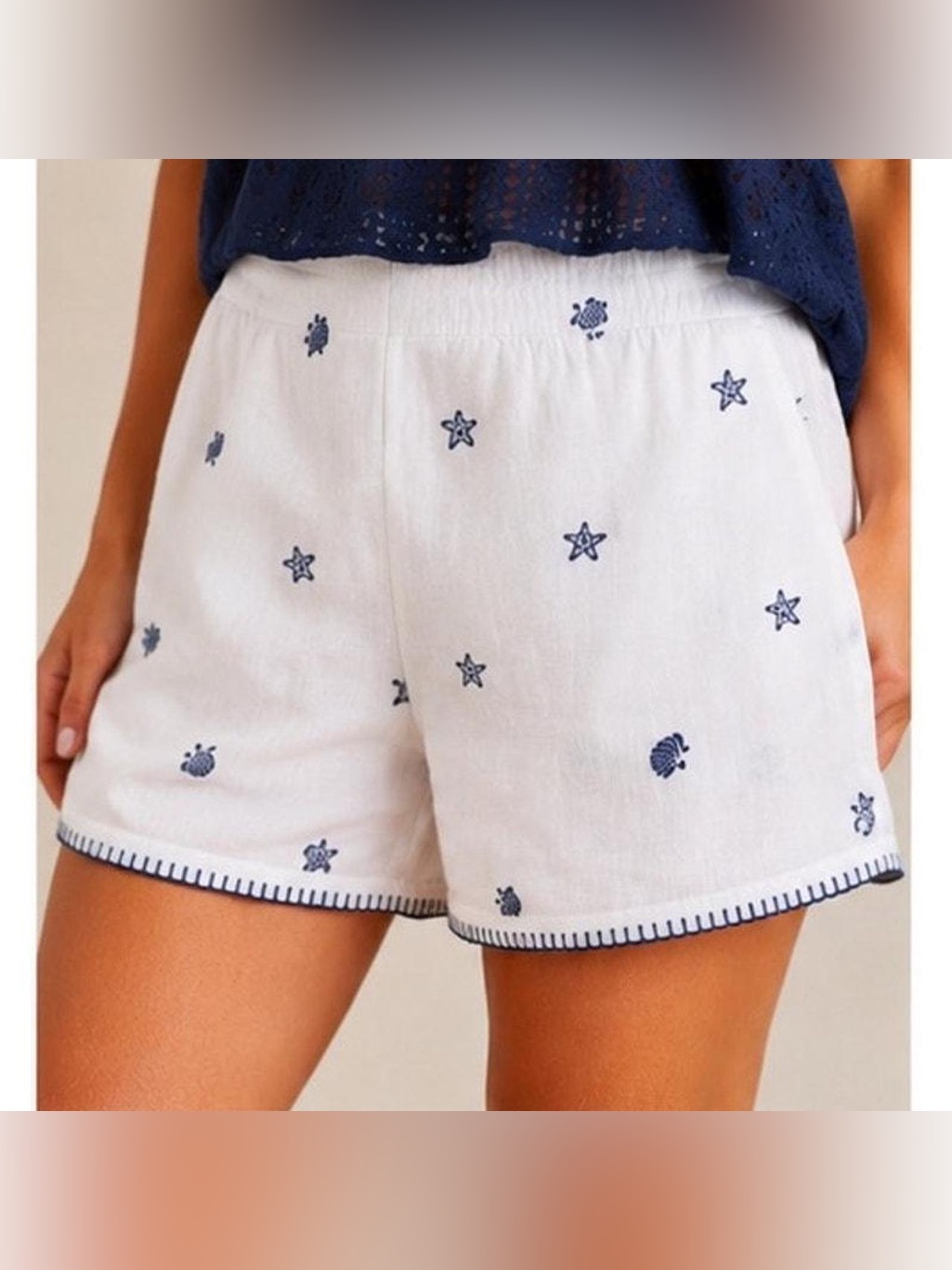 Calypso St. Barth White Embroidered Sea Motif Cotton Shorts